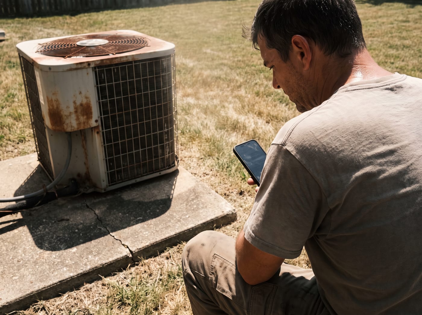 A homeowner in a sweat-soaked shirt searching on a phone beside a rusted condenser unit