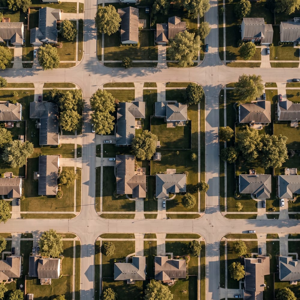 Straight-down aerial view of a suburban neighbourhood street grid
