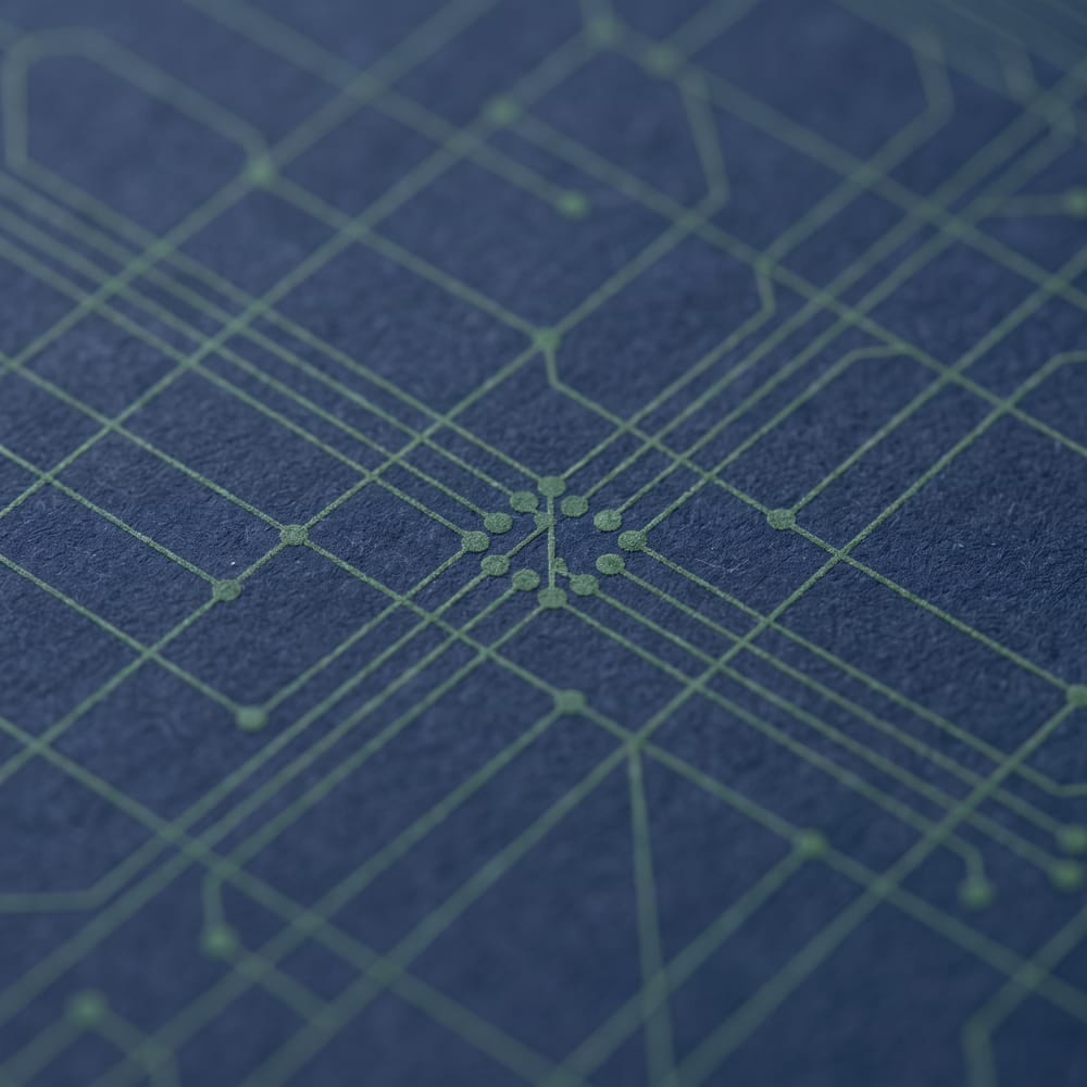 Abstract green network lines and nodes on a deep navy field